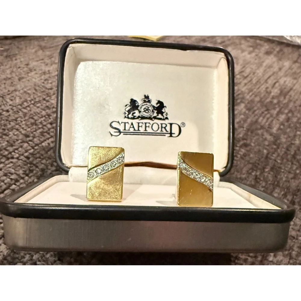 Vintage Stafford Gold Tone Rhinestone Rectangle Enamel Cufflinks Original Box